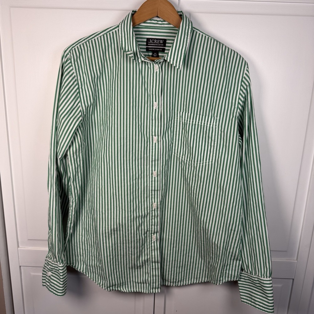 J.Crew‎ Garcon Classic Fit Shirt Women's Size 14 Tall Green White Stripe Cotton